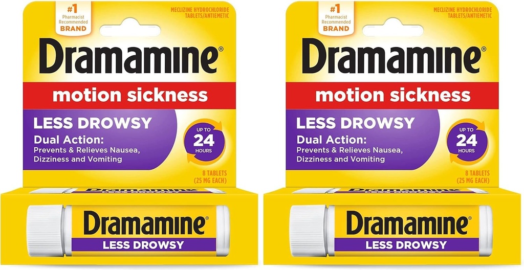 Dramamine All Day Less Drowsy Motion Sickness Relief | 8 Tablets Included (Pack of 2)