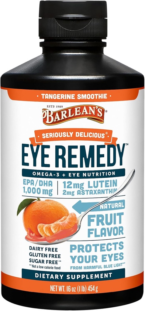 Barleans Eye Remedy Supplement, Tangerine smaksatt fiskolja Liquid med Lutein, Astaxanthin och Zeaxanthin, 1000mg Omega 3 EPA DHA, Eye Care Supplements, 16 oz