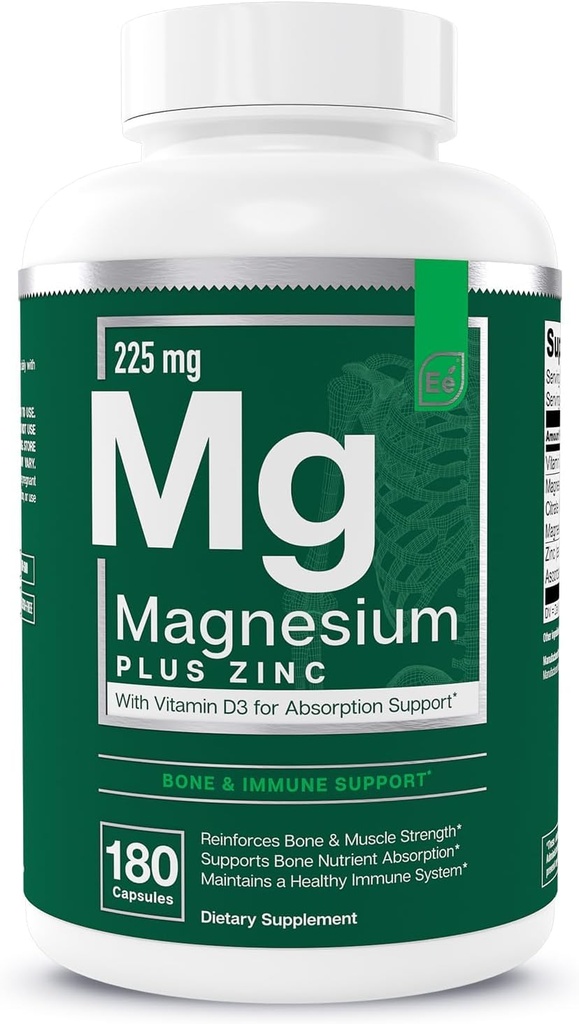 Essential Elements Magnesium Plus Zinc with Vitamin D3 | Scientifically Formulated Heart, Bone & Muscle Support | 225mg Triple-Strength Magnesium Complex with Glycinate, Malate, Citrate | 180 Count