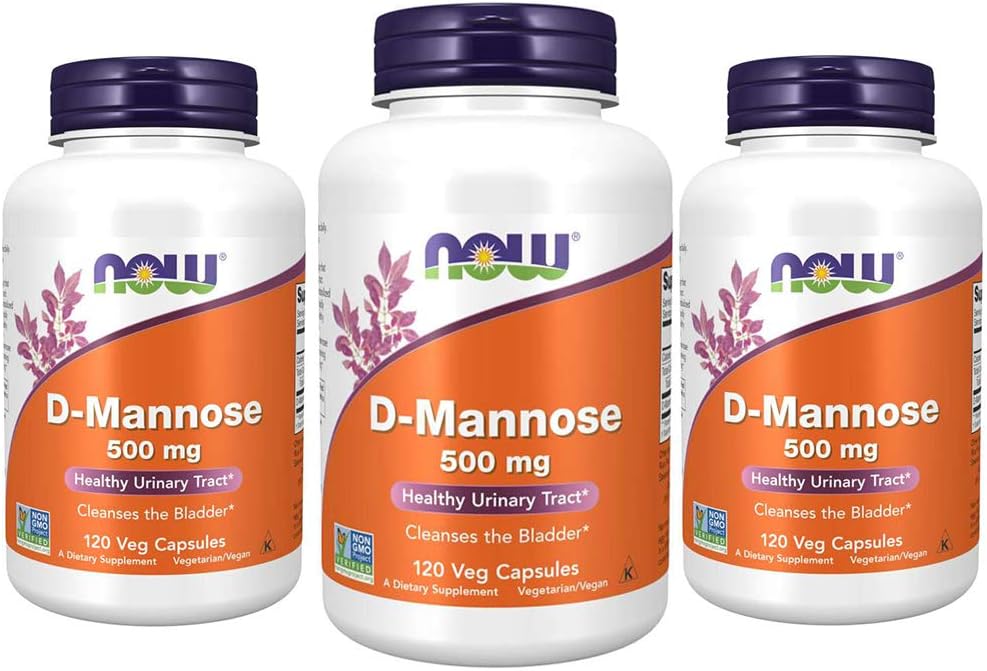 NOW Хранителни добавки, D-Mannose 500 mg, Non-GMO Project Verified, Здравословен уринарен тракт *, 120 Veg капсули (пакет от 3)