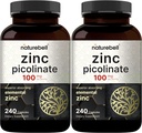 2 Pack Maximum Kekuatan Zinc 100mg, Zinc Picolinate Suplement, 480 Capsules, Zinc Vitamin dan Imune Vitamin untuk Enzyme Fungsi dan Dukungan Imune, Non-GMO dan Dibuat di AS