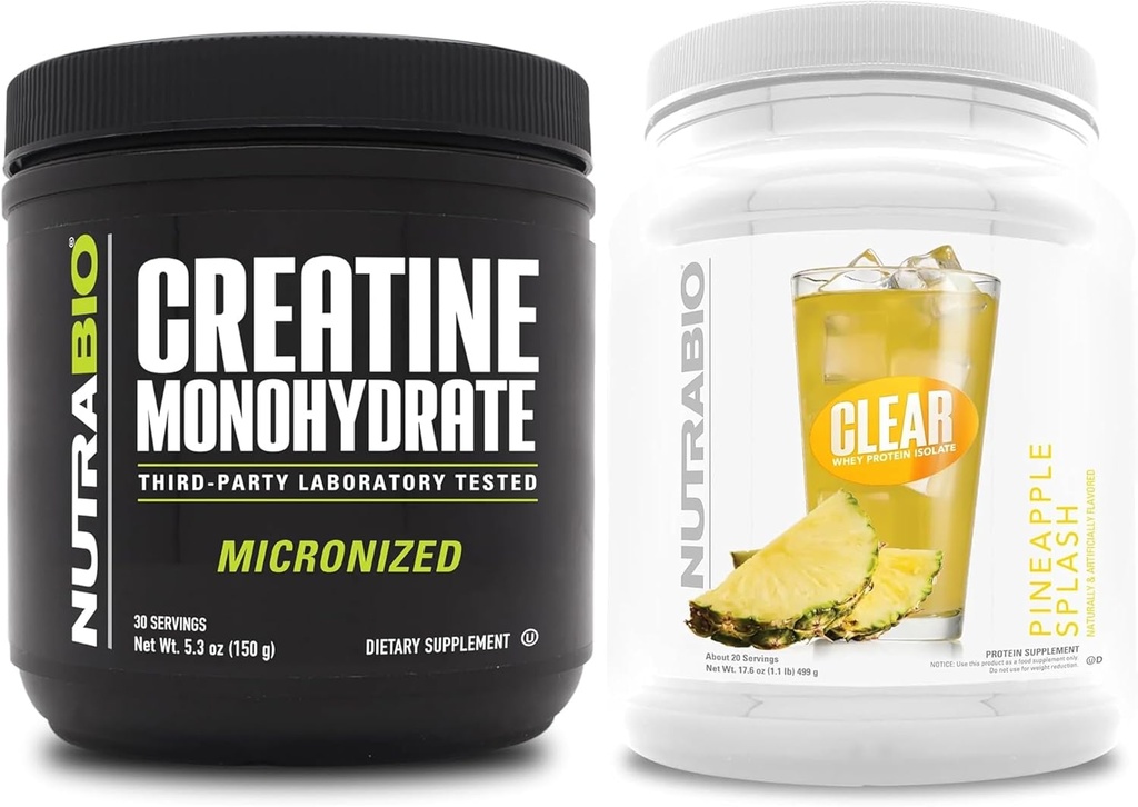 NutraBio Monohidrato de creatina, sen sabor, (150 g) e proteína de soro clara Isolato (Pineapple Splash) Suplemento de Bundle - Enerxía muscular, crecemento máximo, recuperación e forza