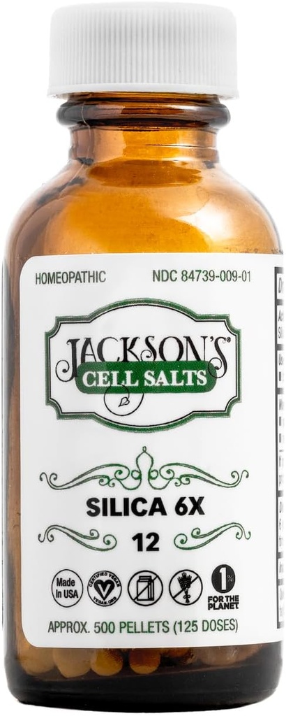 Jackson # 12 Cell Salt Silica 6X (500 pellet üveg) - Certified Vegan, Lactose- Free Schuessler System Salt Silicea 6X (Made in The USA)