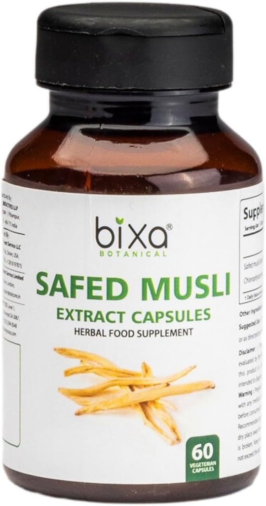 bixa BOTANICAL Safed Musli Capsules for Men ← Safed Musli Extract ← Ayurvedic Natural Herbal Supplement tención 100% Puro, Gluten Free, Non-GMO, Steam Sterilized  140+ Años de Herbal Heritage,60 Cuenta