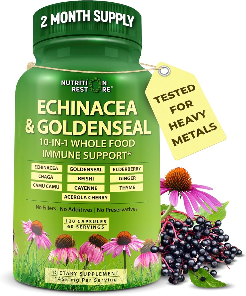 Echinacea Goldenseal Capsules - 1 Immune Support Supplement 10 - 1455mg - Vegan Echinacea Capsule Adds Organic Whole Foods - Herbal Immune Sistemi Support - 2 ay Supply