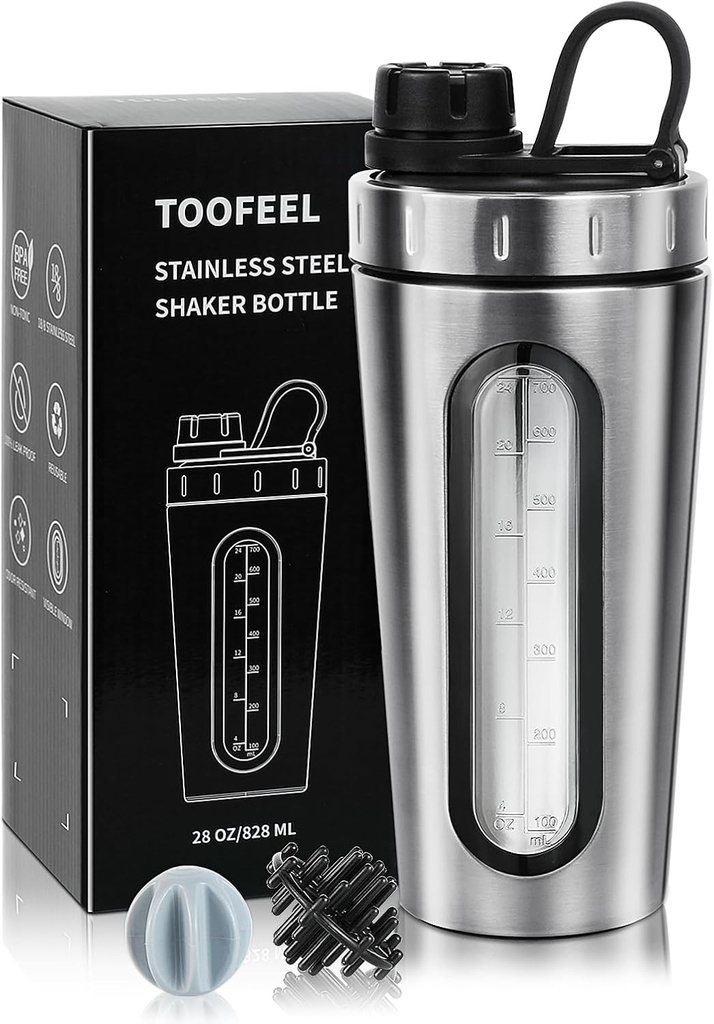 TOOFEEL Shaker Flasker for Protein Mixes 28 oz rustfritt stål Protein Shaker med 2 blandingskule, ikke opphold Cold / Hot, synlig Vindu Metal Shaker Cups, Leakproof, BPA Gratis flaske Shaker