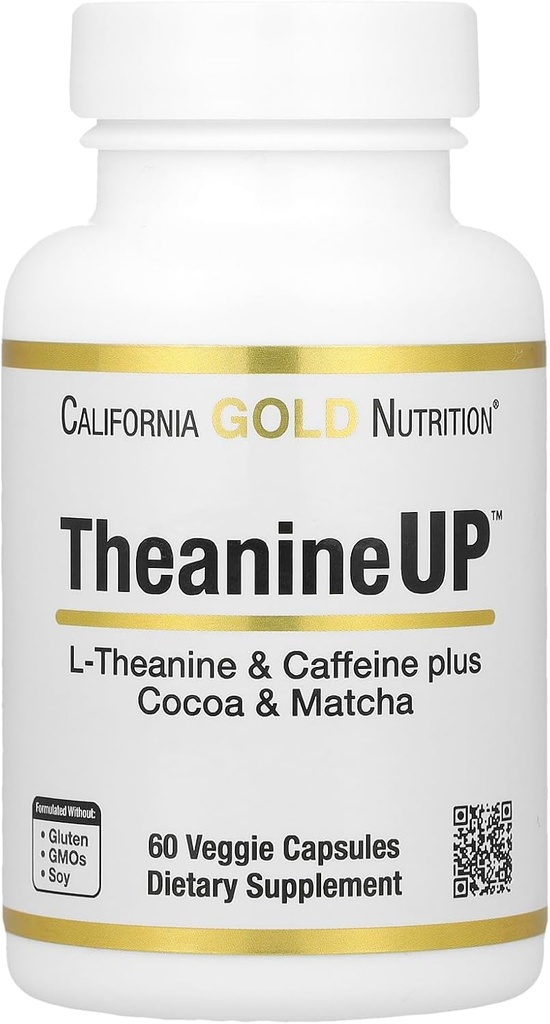 California Gold Nutrition TheanineUP TM, L-Theanine & Caffeine Plus Cocoa, və Matcha, 60 Veggie Capsules