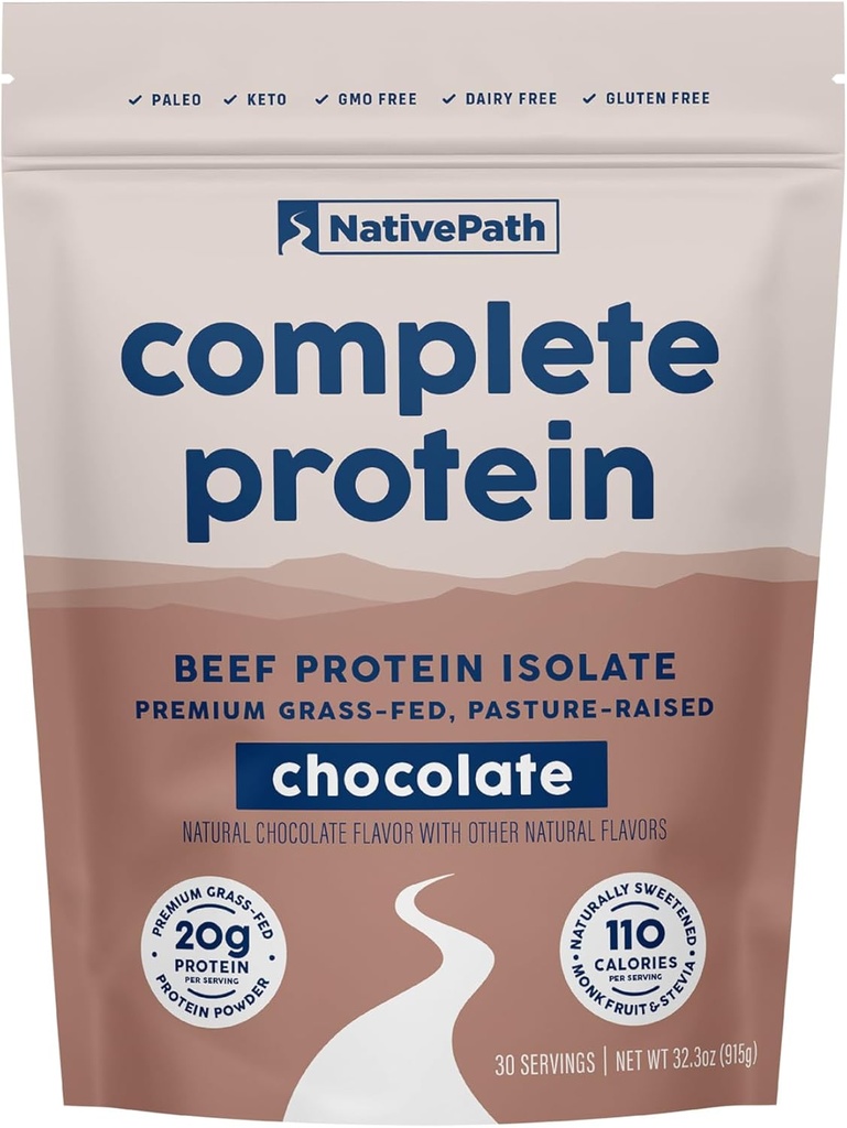 NativePath Complete Beef Protein Powder Isolate - Grass- Fed, Pastor- Raised, Dairy & Lactose Free, Gluten Free, Zero Sugar, MCTs & Amino Acids - 20g Protein, Chocolate Flavor, 30 Servere