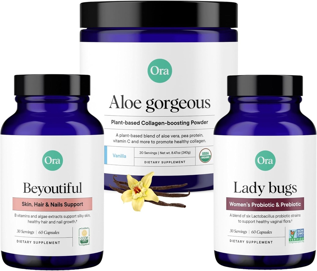 Ora Organic Collagen, Probiotics, Prebiotics & Be YouTiful Bundle: Aloe Vera - Vanilla Flavor, 20 משרתים + 60 פרוביוטיקה טבעונית + שיער, עור, & ציפורניים תמיכה, 60 קפסולות טבעוניות טבעוניות