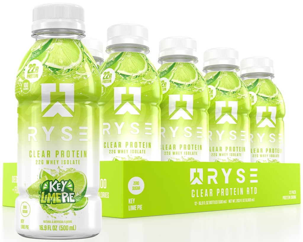RYSE Clear Protein Пит - Key Lime Пиріг - 100 Калорій, 22г Клей Isolate Білок шаке, Цукор-Free, 0г Жиру і лактози-Free - Refreshing Готові до-Drink Пиво - 16,9 л oz Пляшки (12-Pack)