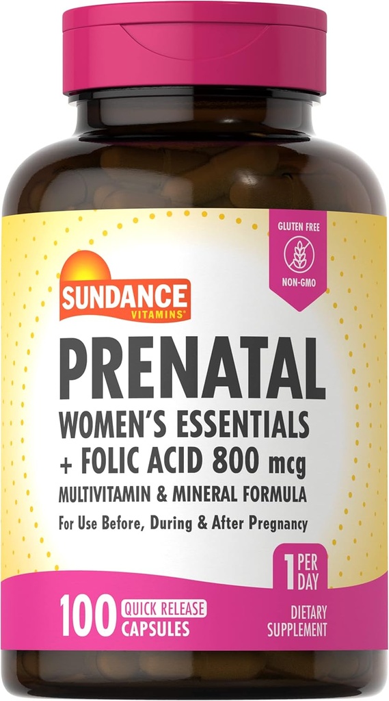 Sundance Prental Multivitamin √ amb àcid fàlic 100 free Capsules Manveen 800 mcg no-GMO, Guten Free suplementari per a les dones
