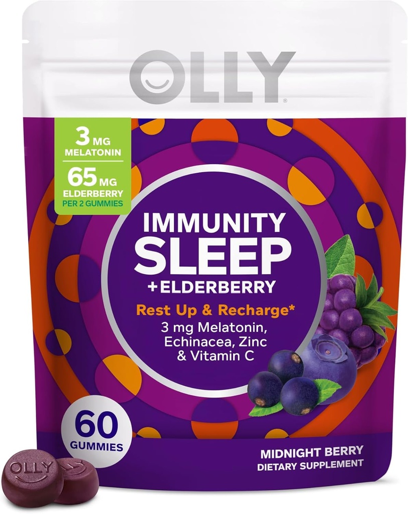 OLLY Imunity Sleep Gummy, Imune and Sleep Support, 3mg Melonatin, Echinacea, Zinc, Vitamin C, Chewable Supplemen, Berry - 60 Count