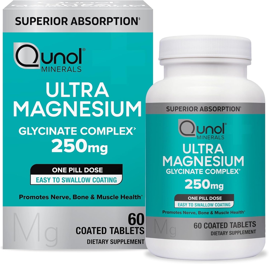 Qunol Magnesi Glicinat complex, suau en Stomach, 250mmg One Pill Dose, Magnesi superior, Nerve, Bone i Muscle Sanitat suplementari, comte de 60 (Pack de 1)
