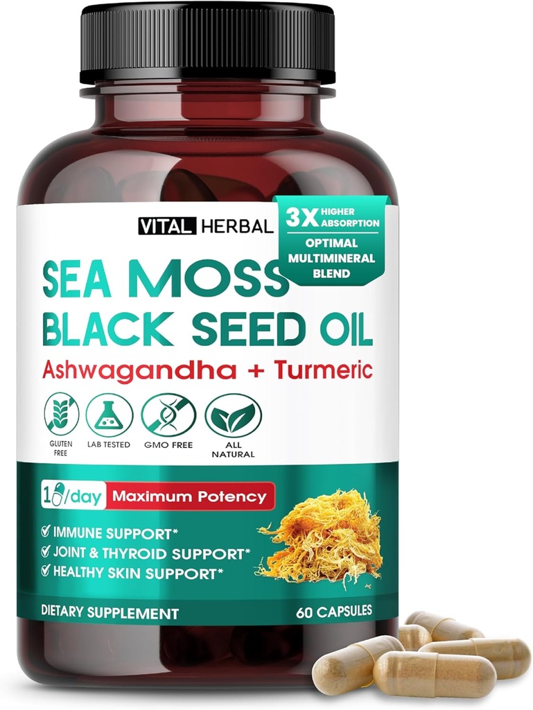 Sea Moss with Black Seed Oil, Ashwagandha, Turmeric & Moringa - Immune, Joint & Skin Supplement - 60 Kapsułek - Vital Herbal - Lab- Tested, Non-GMO, Made in USA