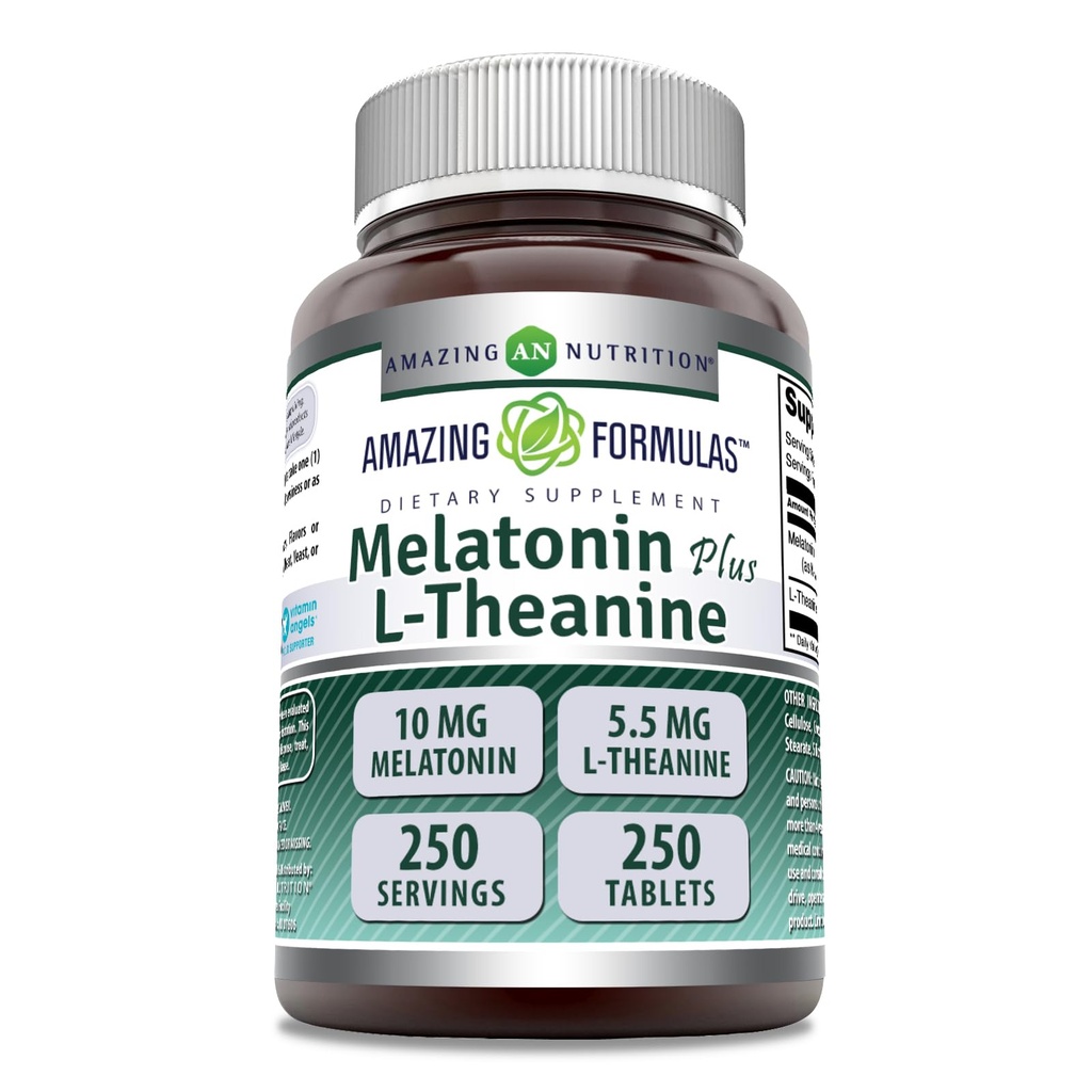 Amazing Formulas Melatonin 10 Mg Plus L-Theanine 5.5 Mg Supplement | Tablets | Non-GMO | Gluten Free | Made in USA | (1 Pack, 250 Tablets)