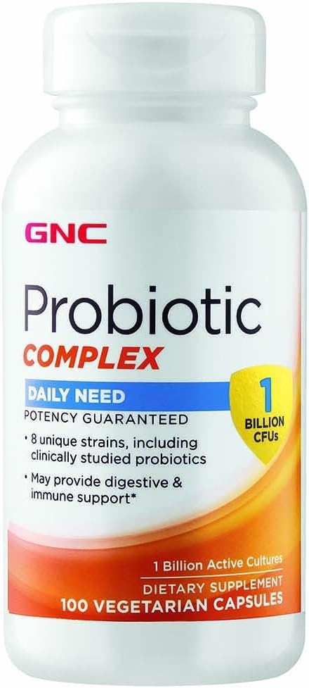 GNC Probiotic Complex 매일 보충, 소화 및 면역 지원 제공, 1 억 CFUs, 100 채식 캡슐, 100 서빙