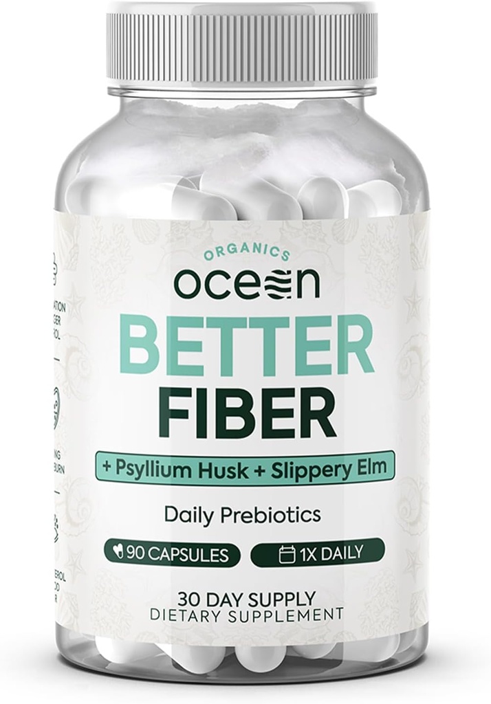 Organics Ocean Better Fiber - Daily Fiber Supplement - Pehmennä Jakkara vaivaamaton Bowel liikkeet - Psyllium Hulk ja liukas jalokivi - 90 kapselia