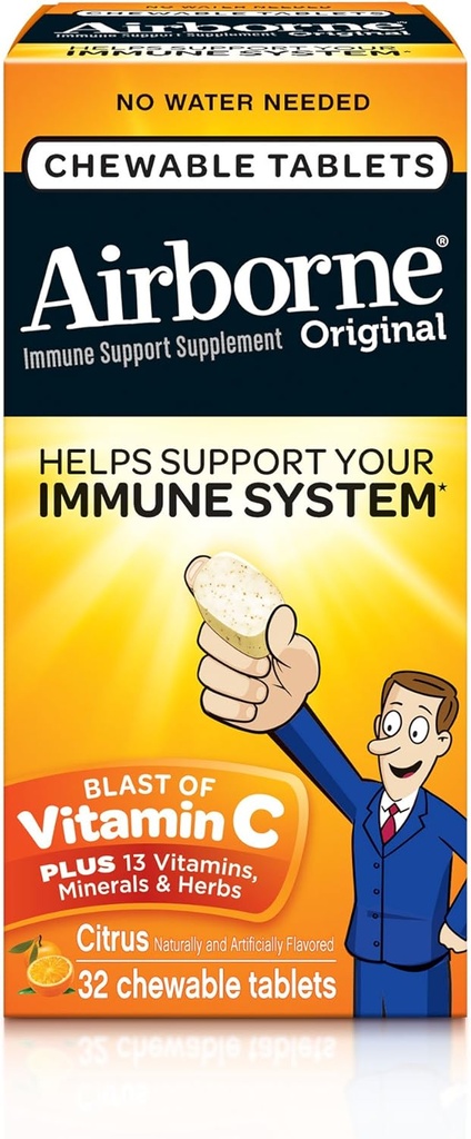 Airborne 1000mg Vitamin C Kautabletten mit Zink, Immununterstützungsergänzung mit leistungsstarken Antioxidantien Vitamine A C & E - 32 Kautabletten, Citrus Flavor