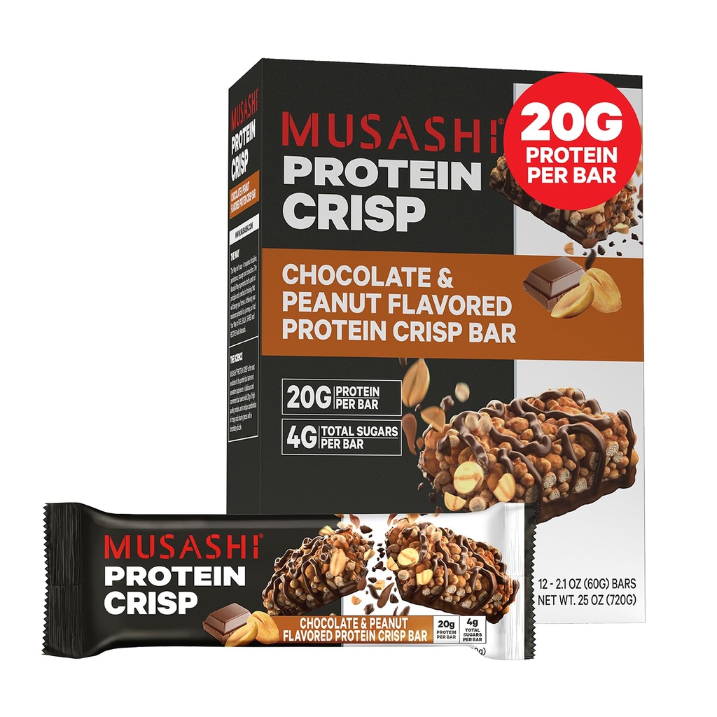 MUSASHI Protein Crisp Bar, 20g Protein, 4g Gesamtzucker, Schokolade & Peanut, Post Workout und Snack On The Go, 12 Packung 2,1oz (60g) Bars