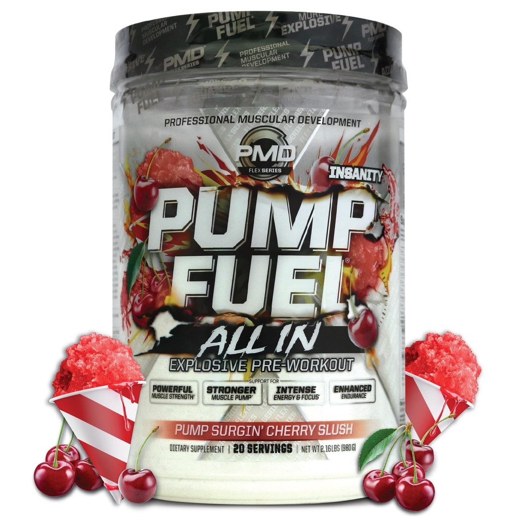 PMD Sports Pump Fuel All in Insanity, Ultimate Pre Workout Powder, Maximum Strength Energy, Focus, Endurance & Recovery, Creatine & Beta Alanine, Pump Surgin’ Cherry Slush, 20 Servings