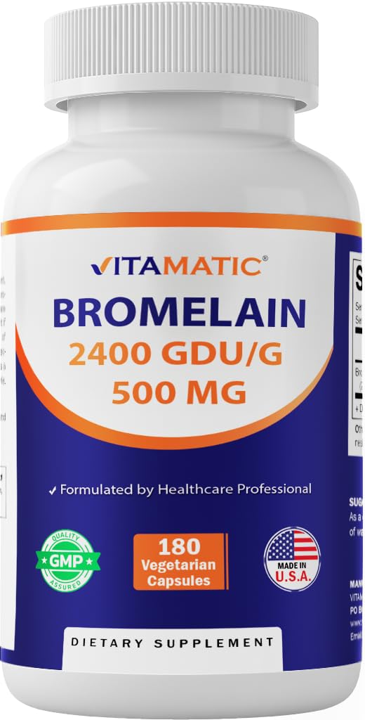 Vitamatic Bromelain 500 mg 2400 GDU/g, 180 Vegetarian Capsules, Made in USA | 2400 GDU/g, Enzyme Supplement, Supports Healthy Protein Digetion*, Non-GMO, Gluten Free