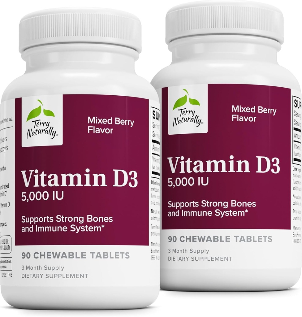 Terry naturalmente vitamina D3 - Suplemento de apoio á saúde ósea e á forza ósea - Immune System & Brain Support - 5,000 IU Vitamin D Tablets con Mixed Berry Flavor - 90 Chewable Tablets (Pack of 2)