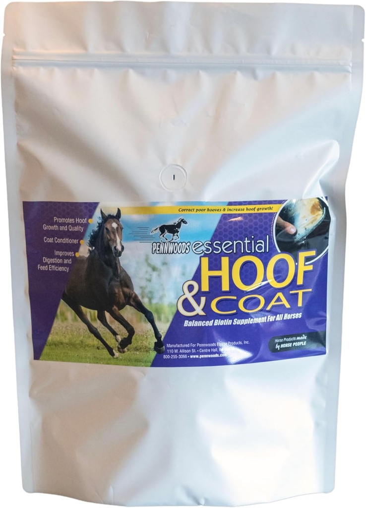 Pennwoods Essential Hoof & Coat - Suplemento de cavalo com biotina para o crescimento ideal do casco de equino, revestimento saudável & equilíbrio nutricional, saco de 4lb
