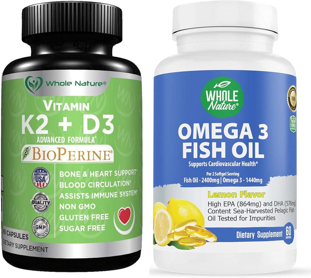 K2+D3 with Bioperine Plus Calcium Omega 3 Fish Oil are Most Effective Together to Support Heart & Bone Health, Joints and Brain