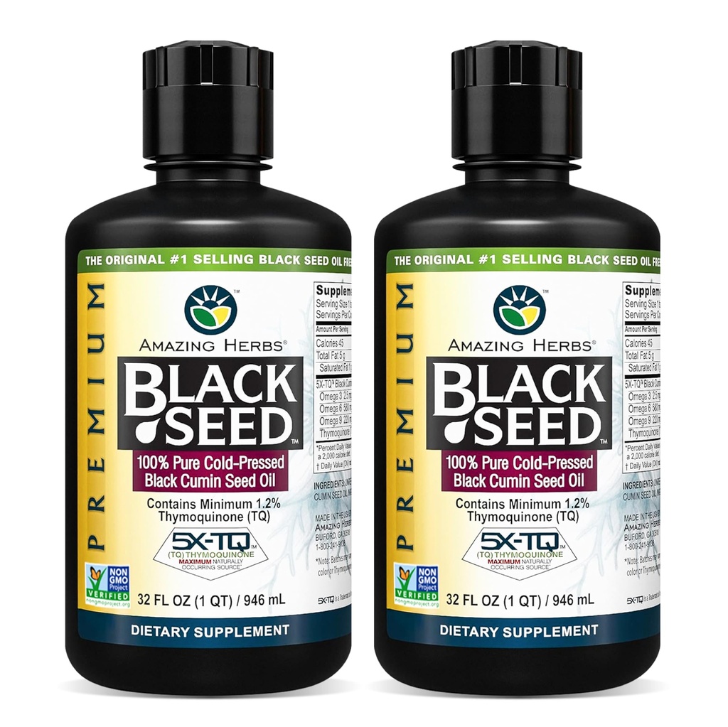 Amazing Herbs Premium Black Seed Oil - Cold Pressed Nigella Sativa Aids in Digestive Health, Immune Support, Brain Function, Joint Mobility, Gluten Free, Non GMO - 32 Fl Oz (Pack of 2)