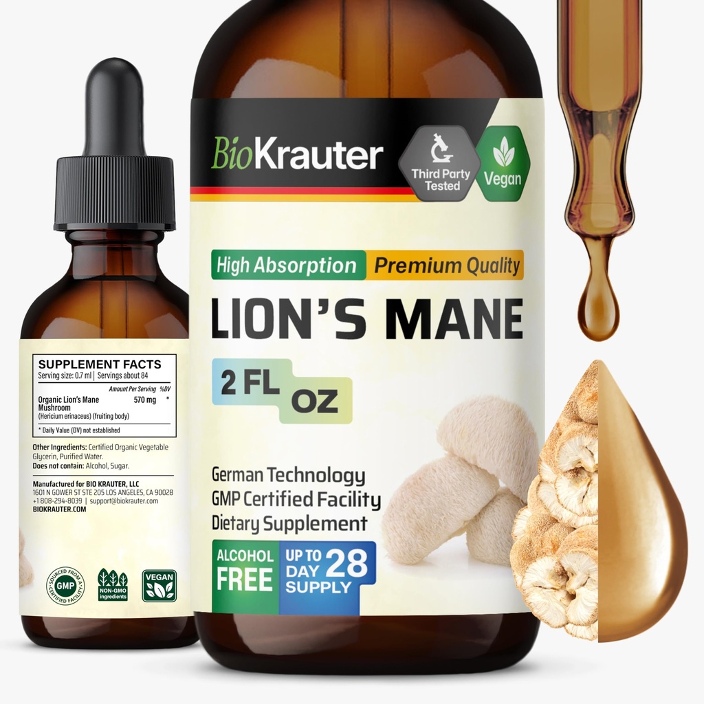 BIO KRAUTER® Lions Mane for Focus Support & Brain Health - Vegan Lion's Mane Mushroom Supplement, Natural Clarity & Immune Support - 2 Fl.Oz., 28-Day Supply, Alcohol & Sugar Free
