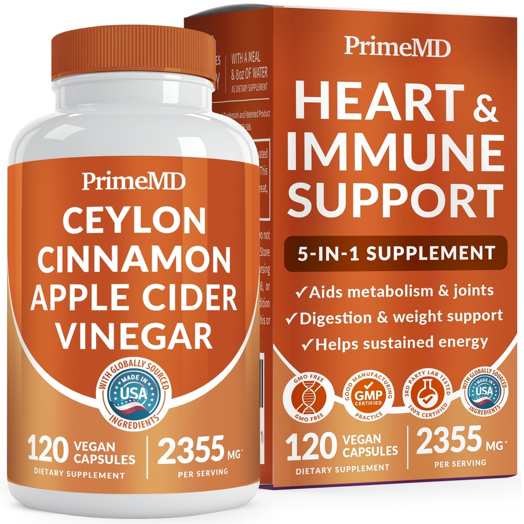 5-in-1 Ceylon Cinnamon Capsules 2355mg - Apple Cider Vinegar Capsules with Turmeric, Panax Ginseng & Bioperine - Cinnamon Supplements for Women & Men - Non-GMO, Vegan, Gluten-Free (120 Ct) (1-Pack)