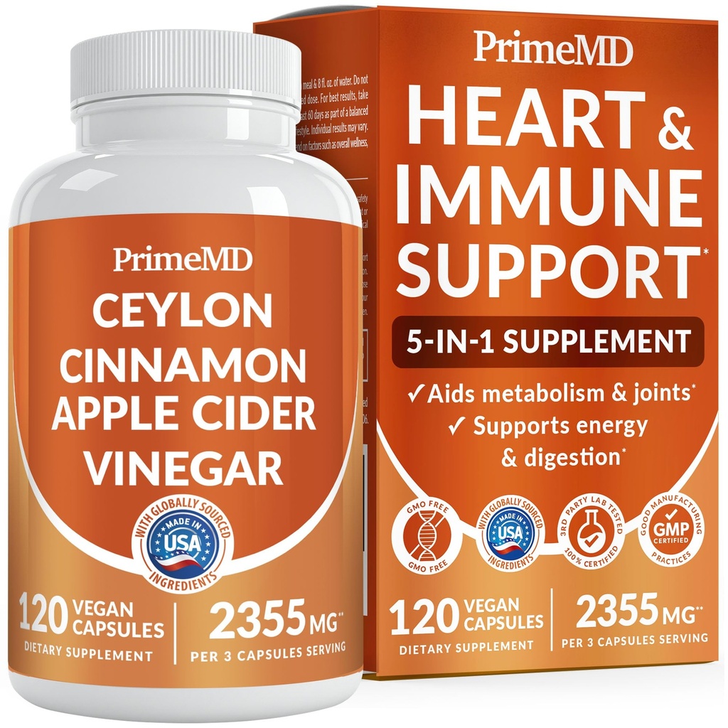 5-in-1 Ceylon Cinnamon Capsules 2355mg - Apple Cider Vinegar Capsules with Turmeric, Panax Ginseng & Bioperine - Cinnamon Supplements for Women & Men - Non-GMO, Vegan, Gluten-Free (120 Ct) (1-Pack)