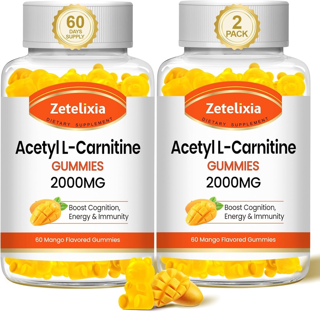 2 Confezione Acetil L-Carnitina Gummies, L-Carnitina Supplemento per le donne e gli uomini, Nutrizione Supplemento per Boost Energy, Immunity & Brain Health, Vegan, Non-GMO, Mango Flavor, 120 Conte