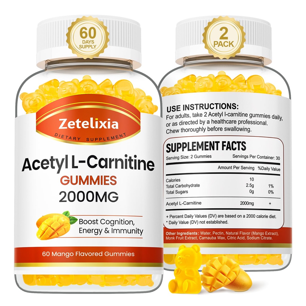 2 Pack Acetyl L-Carnitine Gummies, L-Carnitine Supplement for Women & Men, Nutrition Supplement for Boost Energy, Immunity & Brain Health, Vegan, Non-GMO, Mango Flavor, 120 Count