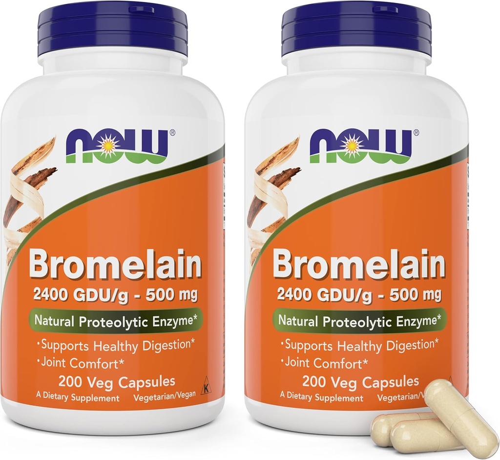 Now Bromelain 500 mg, 200 Veg Capsules (Pack of 2) Supplement - Non-GMO, Vegan 500mg Caps