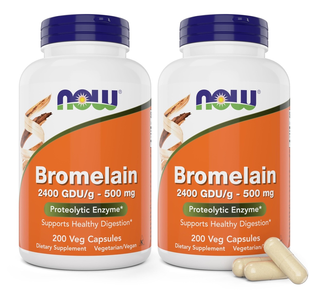 Now Bromelain 500 mg, 200 Veg Capsules (Pack of 2) Supplement - Non-GMO, Vegan 500mg Caps