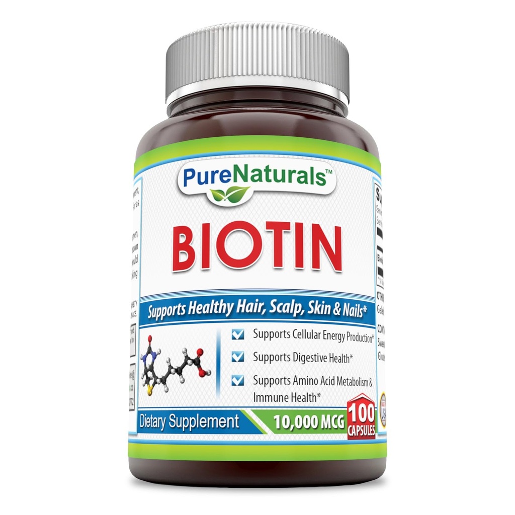 Pure Naturals Biotin 10,000 Mcg, 100 Capsules- Supports Healthy Skin & Hair – Promotes Overall Good Health