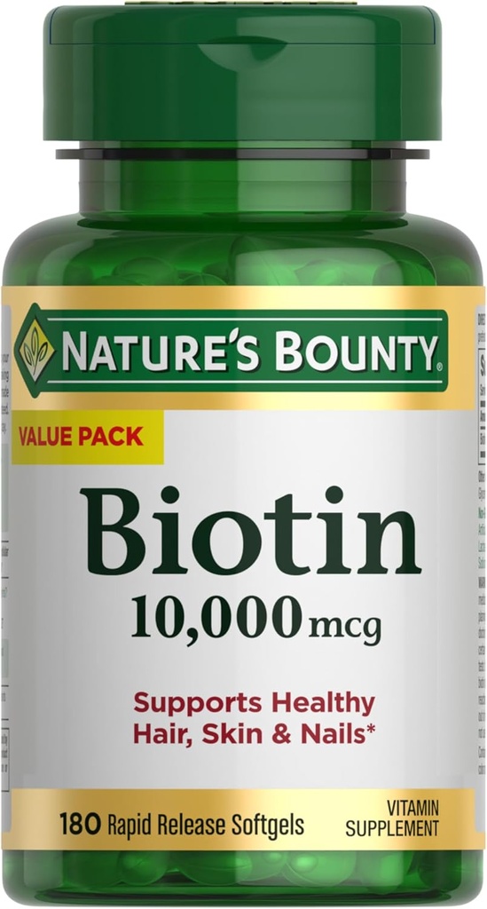 Nature's Bounty Biotin Hair Skin and Nails Витамины, поддерживает здоровые волосы, кожу и ногти, 10 000 мкг, мягкие гильзы быстрого высвобождения, 180 Ct