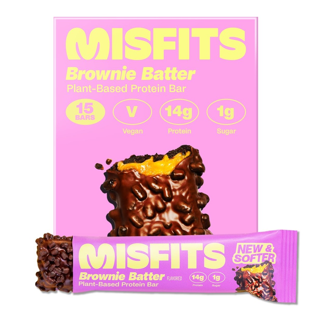 Misfits Vegan Protein Bars, Brownie Batter - Aktualisierte Rezept | Plant Based, Low Sugar & Carb, High Fiber Snacks | Pack von 15