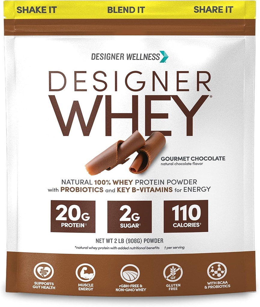 Dissenyador de Benes, Whey, Natural Whey Protein Power amb Probiotics, Fiber i Key B-Vitamins per a l'Energia, Guten-Free, Gourmet Chocolate, 2 lb