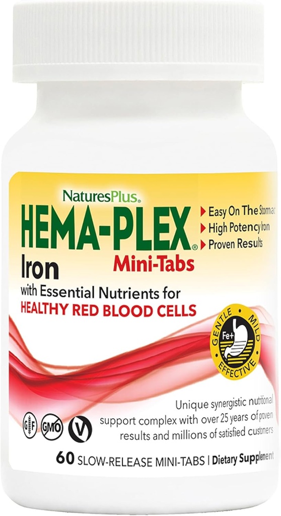 Naturales Hema-Plex Iron - 60 lent-Relateles Mini-Tabs - 2 paquets - 85 mg Chelated Iron - Sanitat total de sang - amb vitamina C i Biflavoïnis - Vegan, Guten Free - 60 Servings