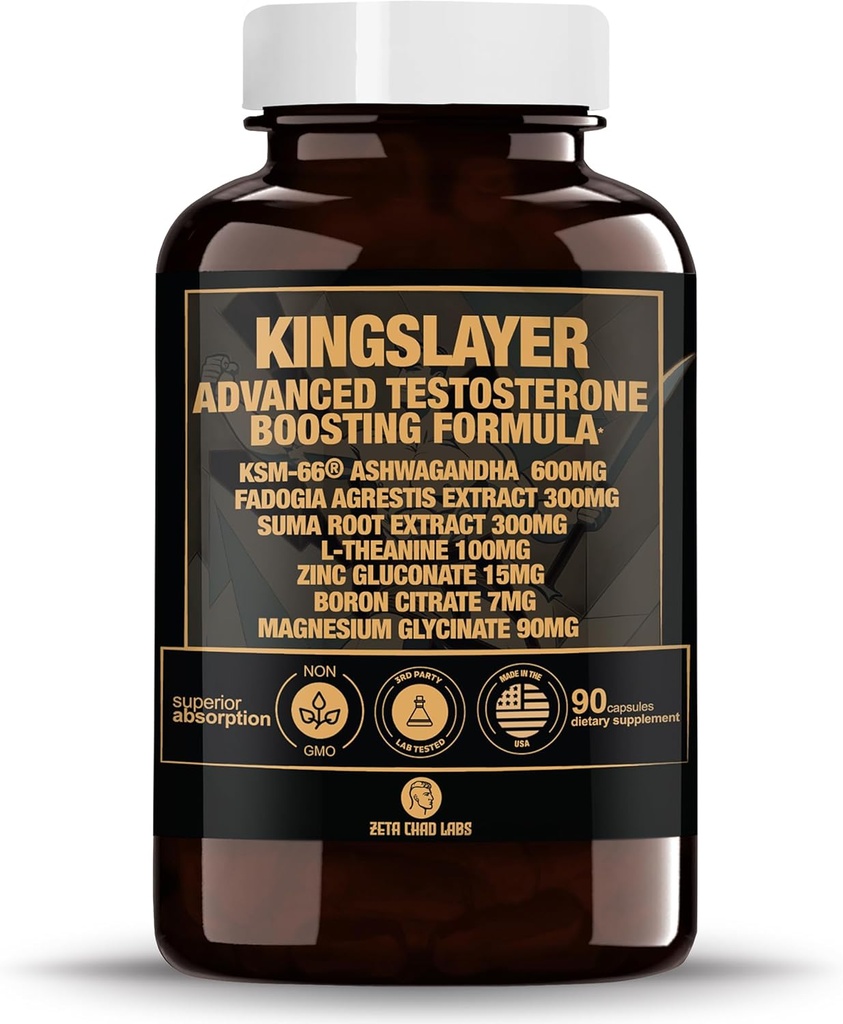 Kingslayer: 7-in-1 טסטוסטרון Booster לגברים w/KSM-66, Fadogia, Suma Root, L-theanine, Zinc, Boron, Magnesium - שריר, אנרגיה, Libido & Focus