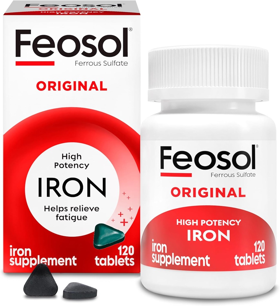 Feosol Original Iron Appliment Tablets, Non-heme, 325mg Ferrous Sulfate (65mg Elemental Iron) per Iron Pill, 1 per day, 120ct, 4 Month Supply, for Energy and Имунна система Support, Made in USA