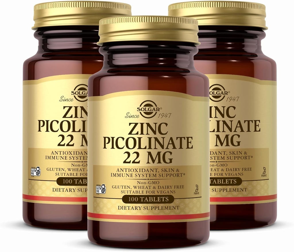 Solgar Zink Picolinate 22 mg, 100 tabletter (pakke af 3) - fremmer sund hud - støtter immunsystemet, Normal Smag & Vision - Antioxidant - Non- GMO, Vegan, Gluten Free, Kosher - 300 Total Servering