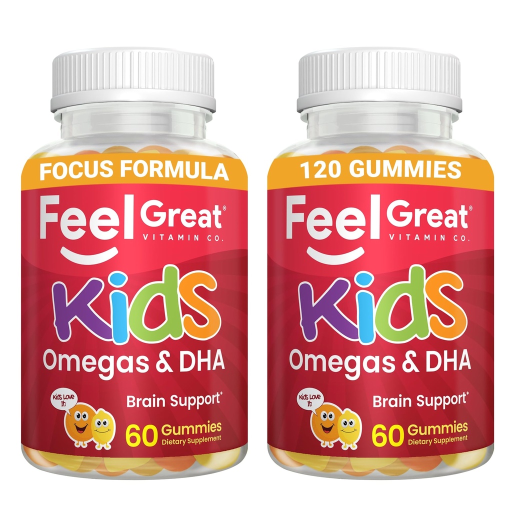 Feel Great Vitamins Kids DHA Gummies with Omega 3 6 9, Vitamin C (2-Pack) | Supports Healthy Brain Function, Vision & Heart Health | Gluten Free, Vegetarian | 60 Gummies