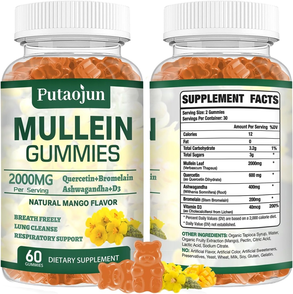 Mullein Gummies for Lung Cleanse | Inmune laguntza organikoa | 2000mg Arnasketa Osasun Gummies | Mango Flavor, Ez-Sticky | Lung Health, Sinus Relief | Mullein Leaf Extract | 1 Pack