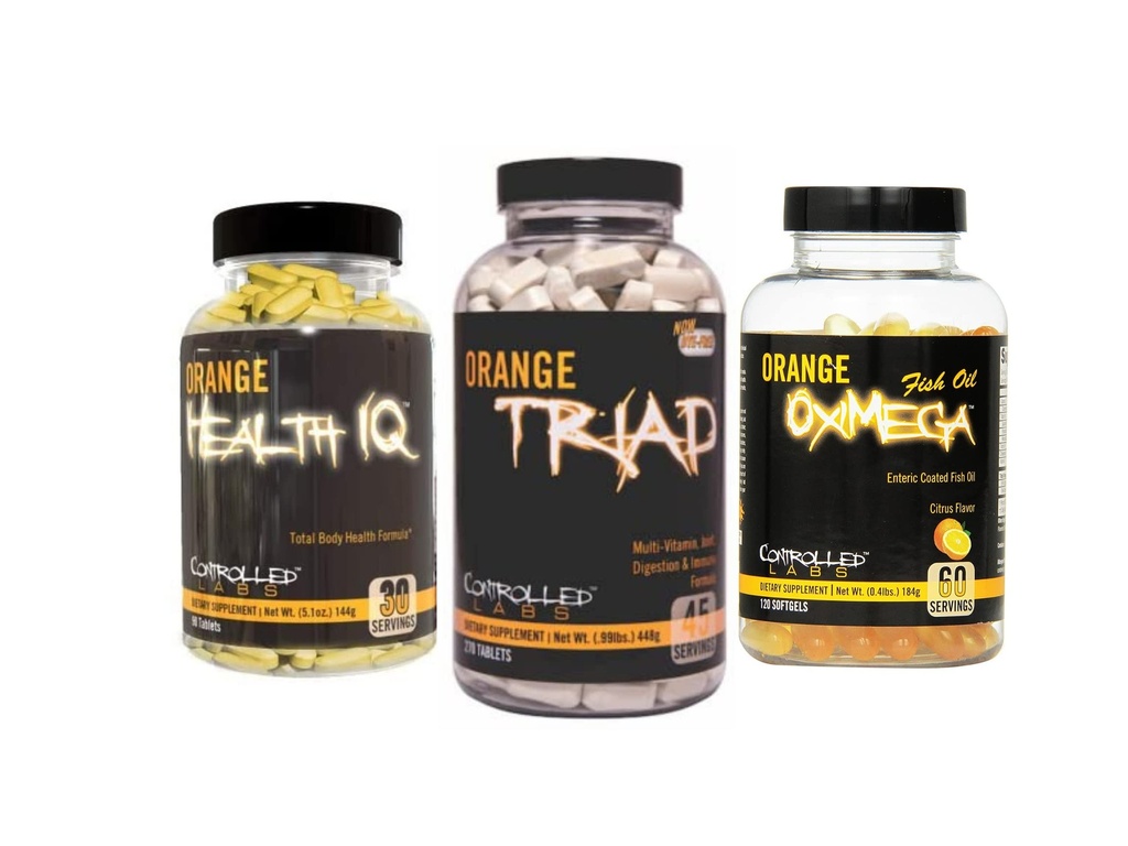 CONTROLLED LABS Overall Health Bundle, 45 Serving Orange Triad, 90 Count Orange Health IQ, 120 Count Orange Oximega Fish Oil, Muscle Building and Recovery Supplement for Men and Women