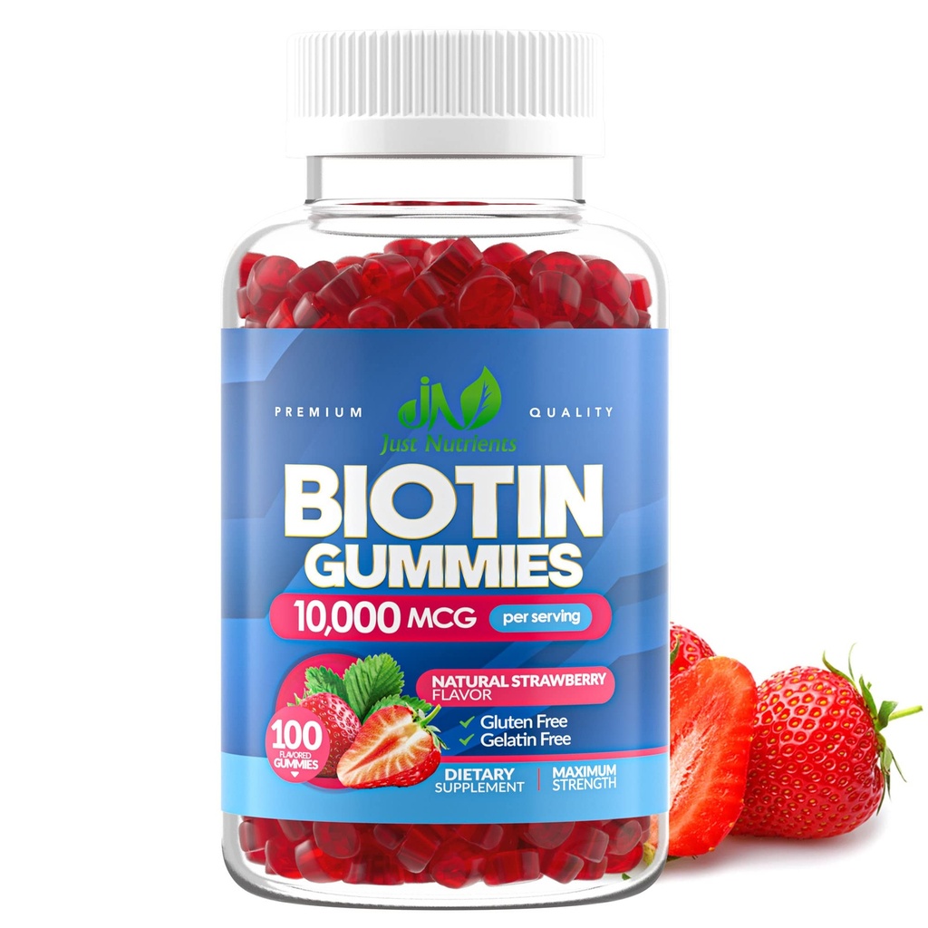 Biotin 10,000mcg Gummies for Hair Growth, Skin & Nails (100 Count) - 2x Maximum Strength Biotin Vitamins for Women & Men - Gluten-Free, Vegan, Non-GMO, Great Tasting Strawberry Flavor - 100 Gummies