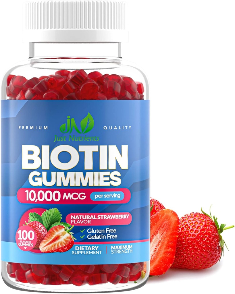 Biotin 10.000mcg Gummies para Mulleres e Homes (100 Conde) - 2x Máxima Forza Biotina para o crecemento do cabelo, pel e unhas - Gluten-Free, Vegan, Non-GMO, Gran Tasting Strawberry Flavor - 100 Gummies
