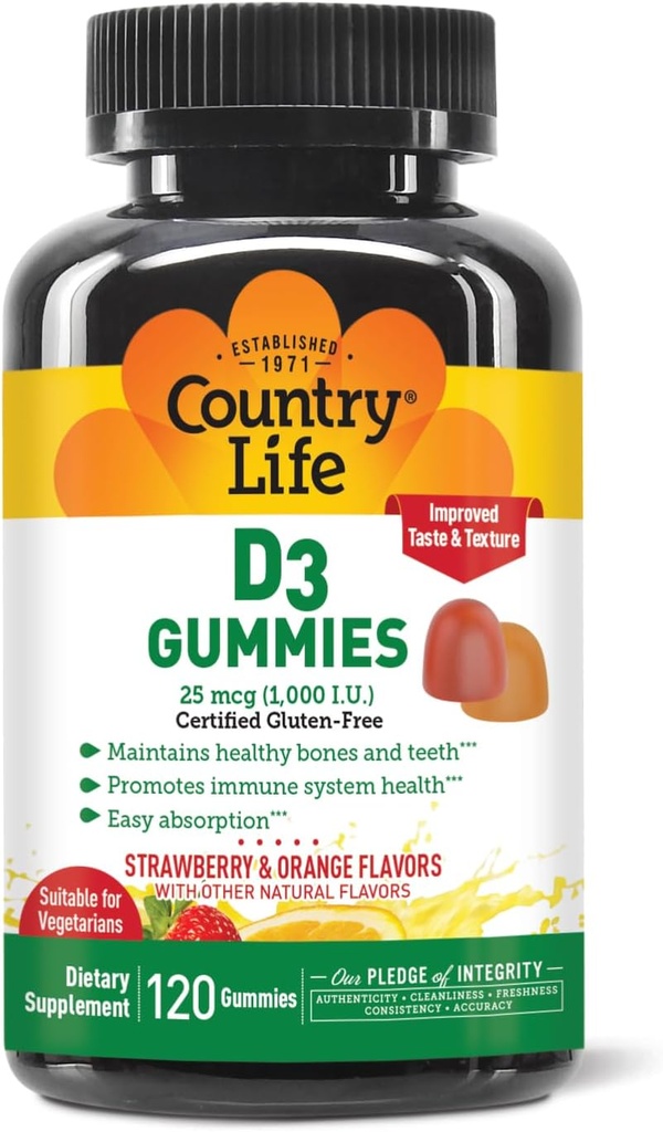 قطر الحياة الفراولة البرتقالية D3 Gummies, 120 CT